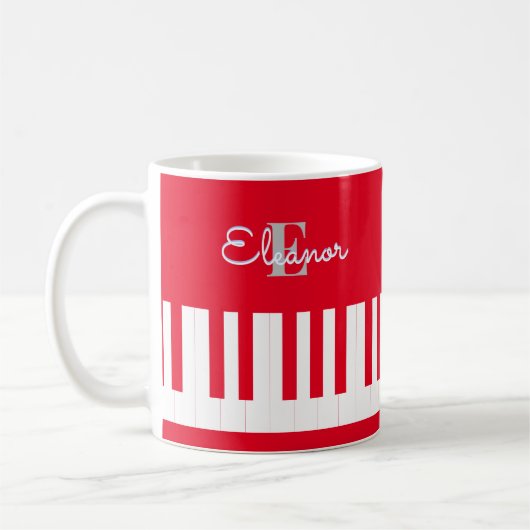 Mug Clés de piano rouge vif moderne Monogramme (Gauche)