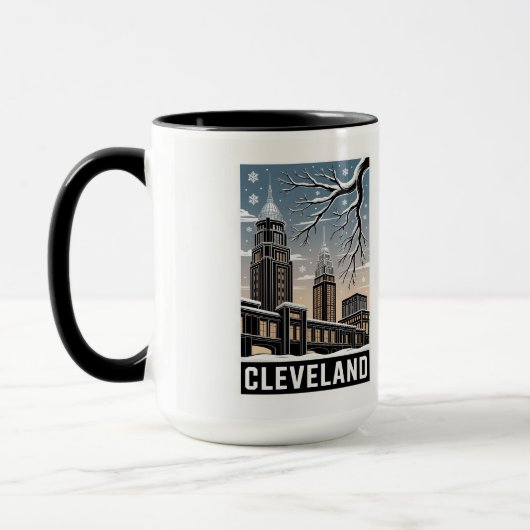 Mug Cleveland Ohio Skyline Winter Woodcut Black&White (Gauche)