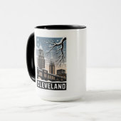 Mug Cleveland Ohio Skyline Winter Woodcut Black&White (Devant gauche)