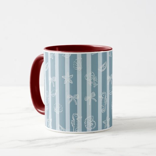Mug Coastal Nautical Pattern | Blue Sea Shell & Seahor (Devant gauche)