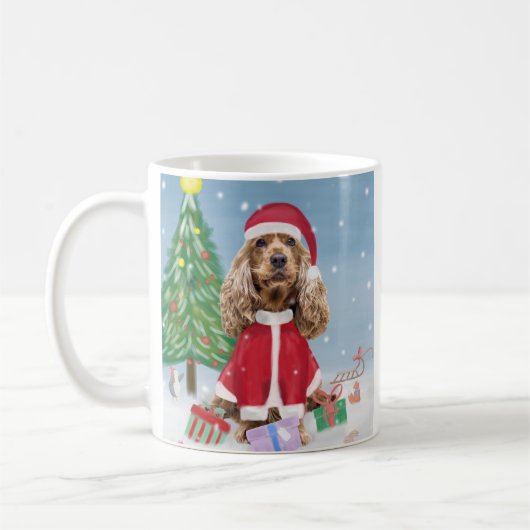 Mug Cocker Spaniel Chien en neige avec cadeaux de Noël (Gauche)