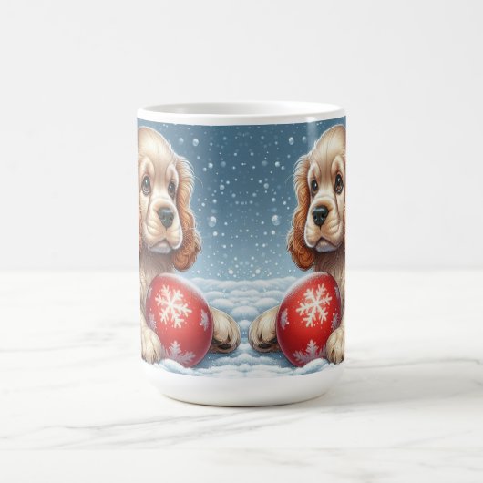 Mug Cocker Spaniel Chiot posé sur la neige avec une ba (Centre)