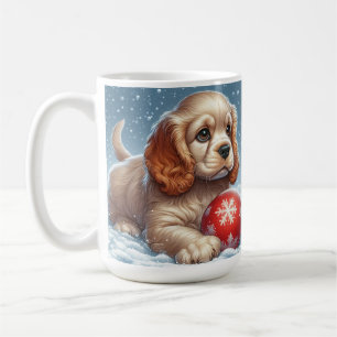 Mug Cocker Spaniel Chiot posé sur la neige avec une ba