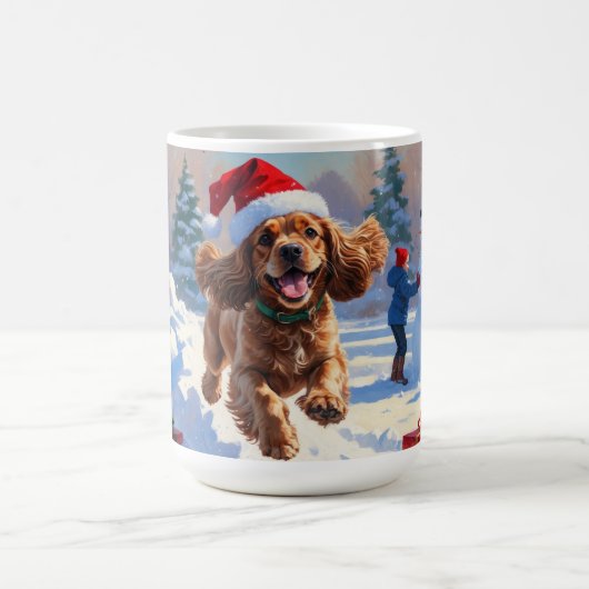 Mug Cocker Spaniel courant dans la neige avec un chape (Centre)