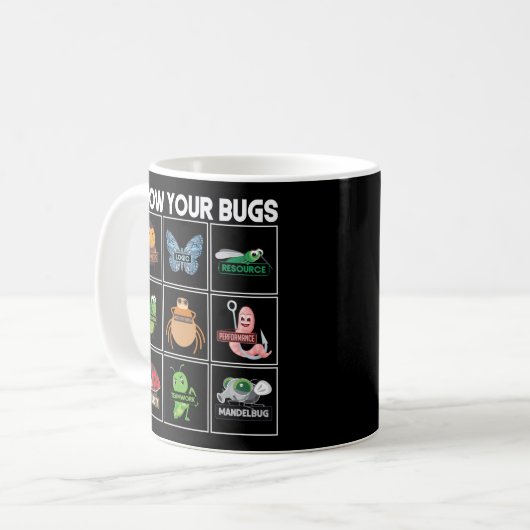 Mug Codage du programmeur Connaissez vos bogues (Devant gauche)
