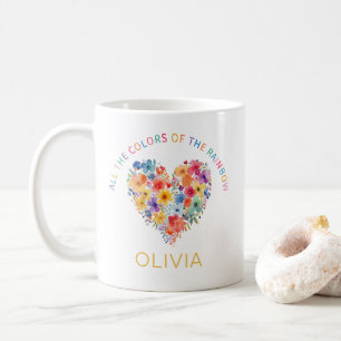Mug Coeur Arc-en-ciel floral - Nom personnalisé Ca