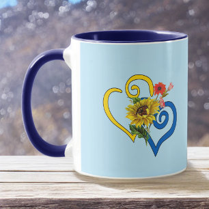 Mug Coeur bleu jaune tordu avec tournesol sur bleu