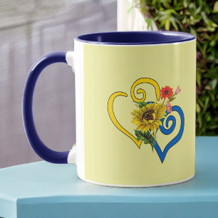 Mug Coeur bleu jaune tordu avec tournesol sur jaune