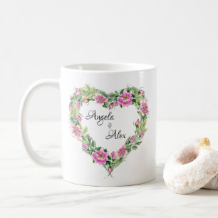 Mug Cœur de rose roseau aquarelle bordeaux mariés