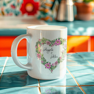 Mug Cœur de rose roseau aquarelle bordeaux mariés
