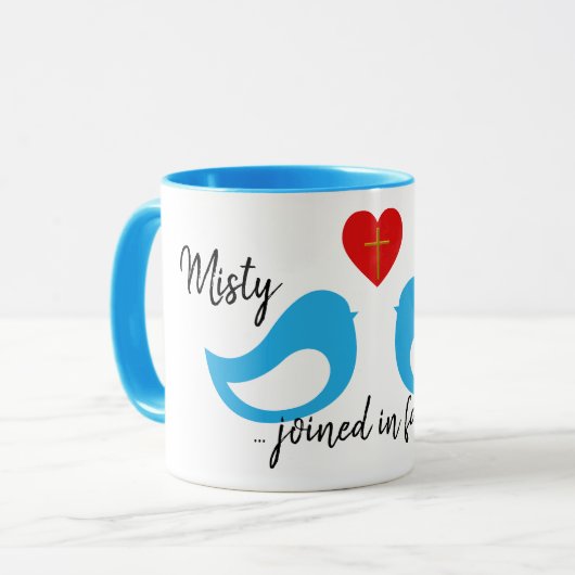 Mug Coeur d'Inséparables bleus avec croix et noms Mari (Devant gauche)