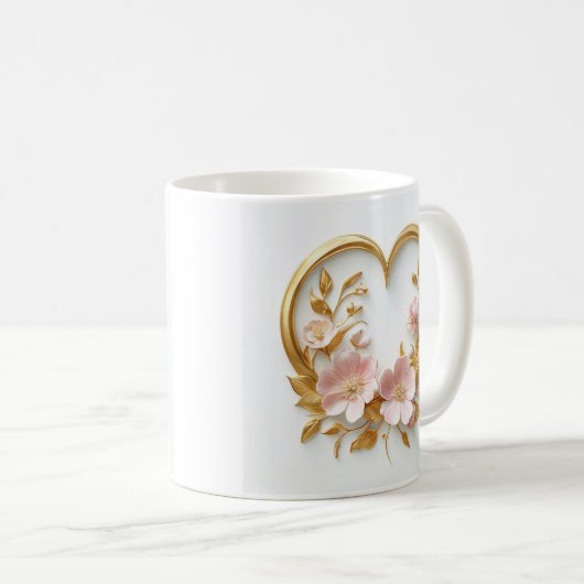 Mug Coeur D'Or Et Fleurs Roses Délicates (Devant droit)