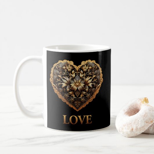 Mug Coeur d'or romantique filigree avec mot d'amour (Avec donut)