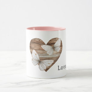 Mug Cœur en bois faux marron Papillons blancs Amour