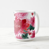 Mug Coeur rouge et rose amour valentines florales nom  (Devant droit)