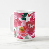 Mug Coeur rouge et rose amour valentines florales nom  (Devant gauche)