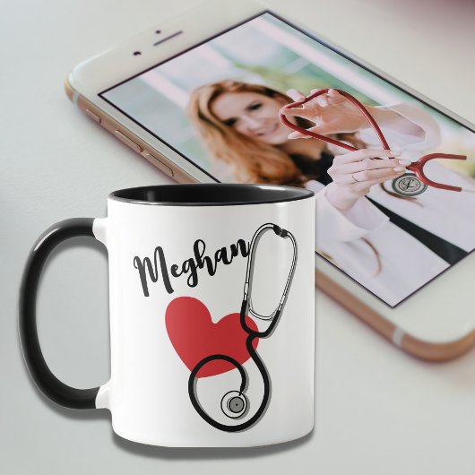Mug Coeur rouge Stethoscope Nom Infirmière Docteur Caf