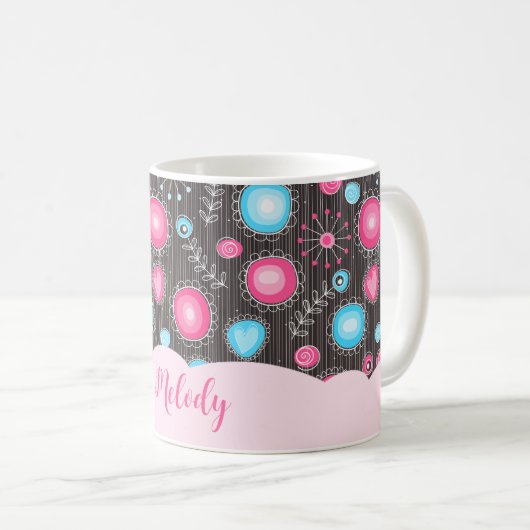 Mug Coeurs bleu rose blanc et nom floral des fleurs (Devant droit)