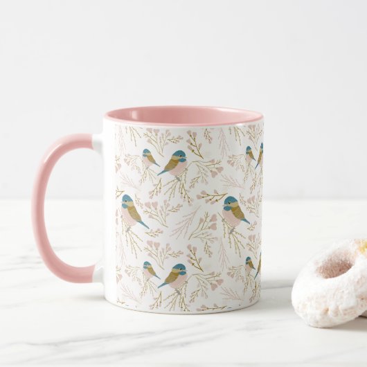 Mug Coeurs de chickadee en or rose mignon imprimé (Avec donut)