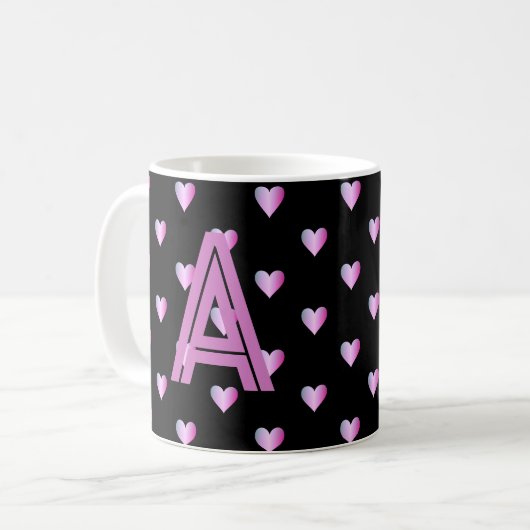 Mug Coeurs de monogramme violet noir (Devant gauche)