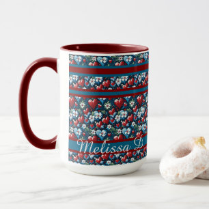 Mug Coeurs de Noël floraux en bleu rouge et vert