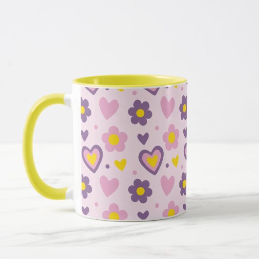 Mug Coeurs Fleurs Rétro Motif rose, violet, Jaune (Gauche)