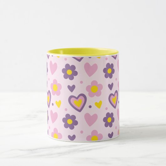 Mug Coeurs Fleurs Rétro Motif rose, violet, Jaune (Centre)