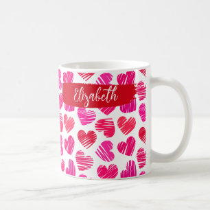 Mug Coeurs griffés rouges et roses modernes Valentine 
