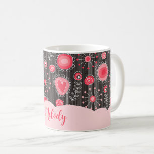 Mug Coeurs gris-blanc et fleurs nom floral