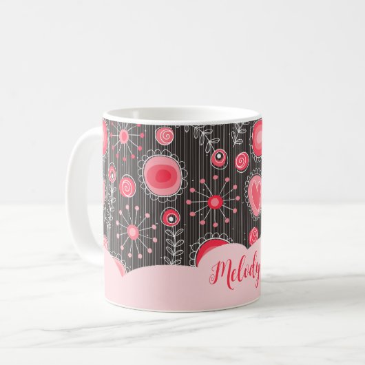 Mug Coeurs gris-blanc et fleurs nom floral (Devant gauche)