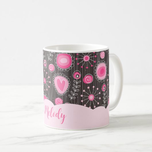 Mug Coeurs gris rose blanc et nom fleuri (Devant droit)