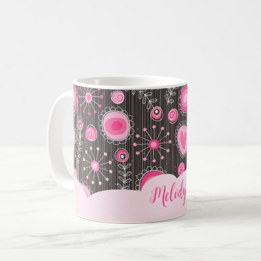 Mug Coeurs gris rose blanc et nom fleuri (Devant gauche)