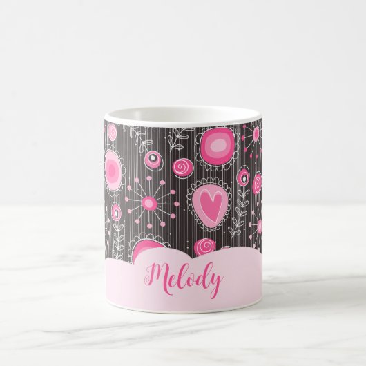 Mug Coeurs gris rose blanc et nom fleuri (Centre)