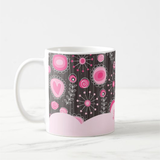 Mug Coeurs gris rose blanc et nom fleuri (Gauche)