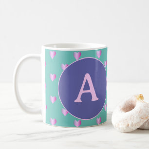 Mug Coeurs Monogrammes personnalisés Lilac Turquoise