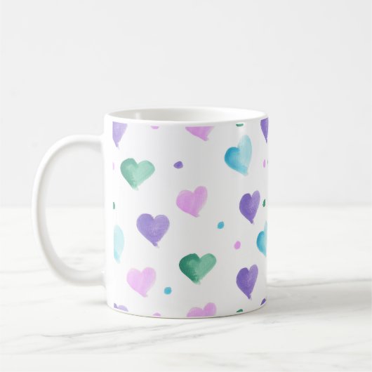 Mug Coeurs Motif Aquarelle rose vert pourpre bleu (Gauche)