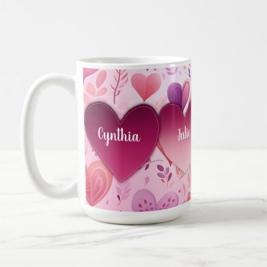 Mug Coeurs patchs de famille sur motif avec nom (Gauche)