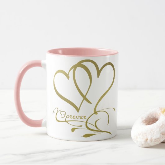 Mug Cœurs pour toujours or sur fond blanc (Avec donut)