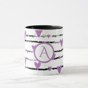 Mug Coeurs pourpres blanc rayures noires monogramme