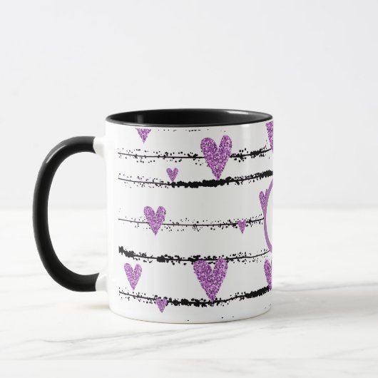 Mug Coeurs pourpres blanc rayures noires monogramme (Gauche)