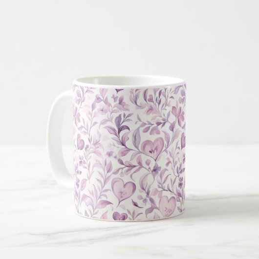 Mug Cœurs roses feuilles violettes (Devant gauche)