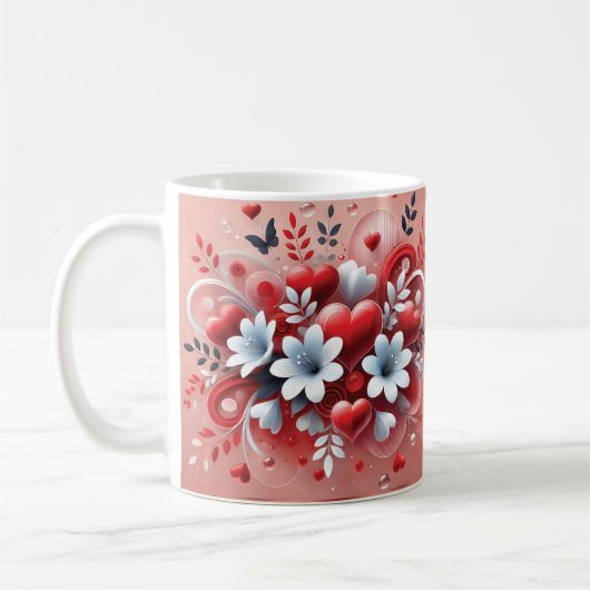 Mug Coeurs rouges Fleurs blanches Papillon Saint-Valen (Gauche)