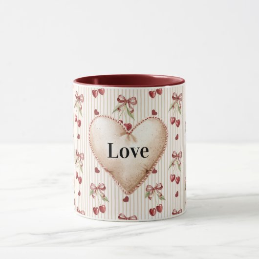 Mug Cœurs Rouges Rayures Cerises Nœuds Saint-Valentin (Centre)
