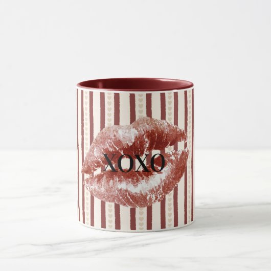 Mug Cœurs Rouges Rayures XOXO Baiser Lèvres (Centre)