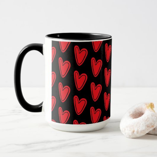 Mug Coeurs rouges sur noir (Avec donut)