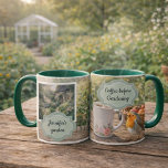 Mug Coffee before gardening robin morning garden photo<br><div class="desc">Coffee before gardening, personal morning garden with robin bird, photo mug.
Slow garden moment, start the day in the garden.
Add your own photo, name and text to personalize.</div>