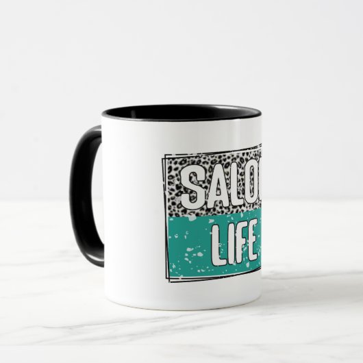 Mug Coiffeur Salon Vie sarcelle et léopard (Devant gauche)