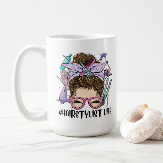 Mug Coiffeuse Life Messy Bun Salon de coiffure Coiffeu (Avec donut)