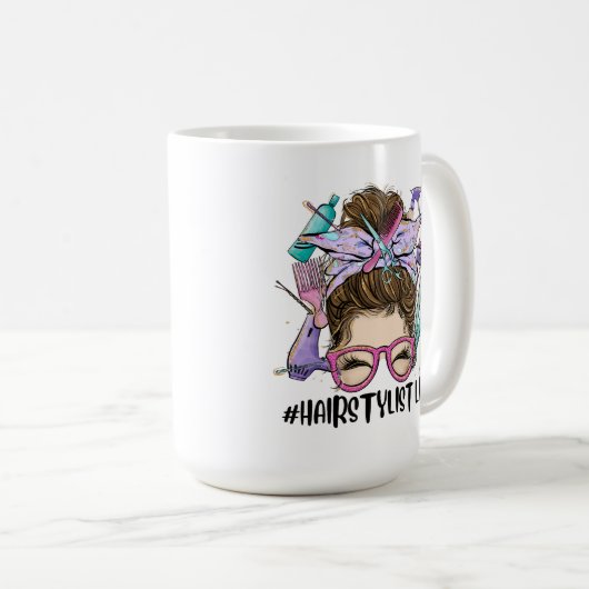 Mug Coiffeuse Life Messy Bun Salon de coiffure Coiffeu (Devant droit)