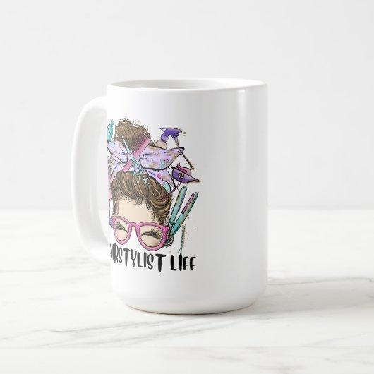 Mug Coiffeuse Life Messy Bun Salon de coiffure Coiffeu (Devant gauche)
